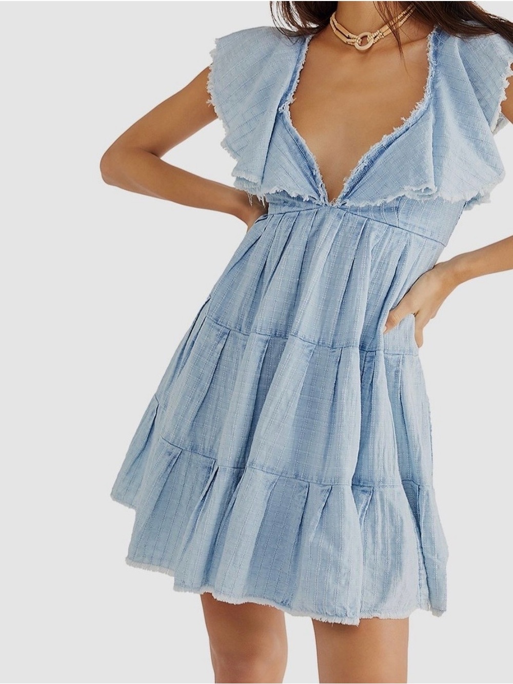 Free People Light Blue Ruffle V-Neck Tiered Mini Dress